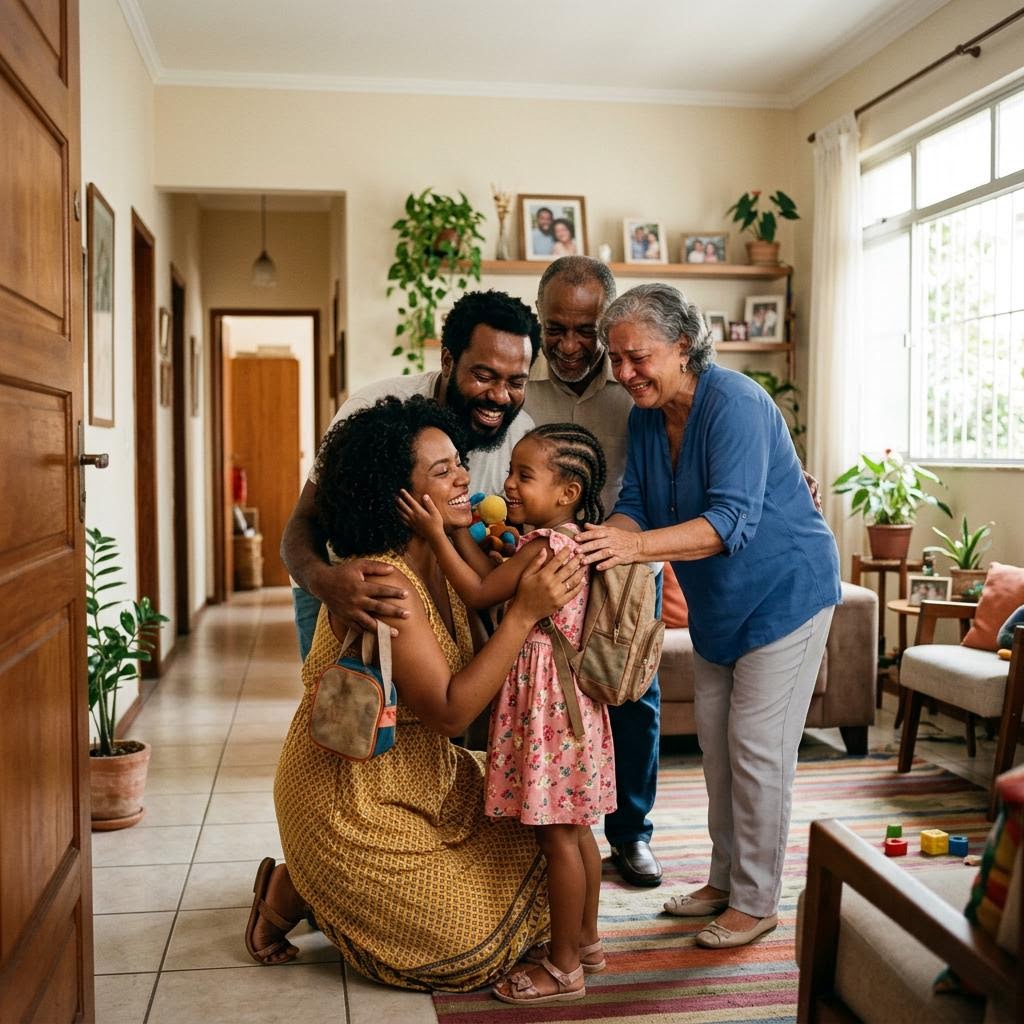 Família acolhendo uma criança recém-chegada por adoção em casa