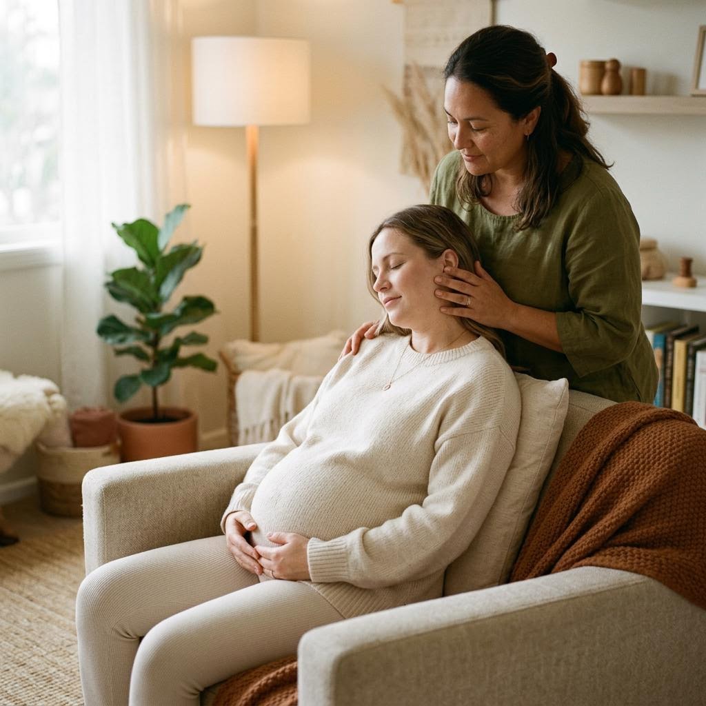 Doula acompanhando gestante em atendimento de Doulagem de Parto