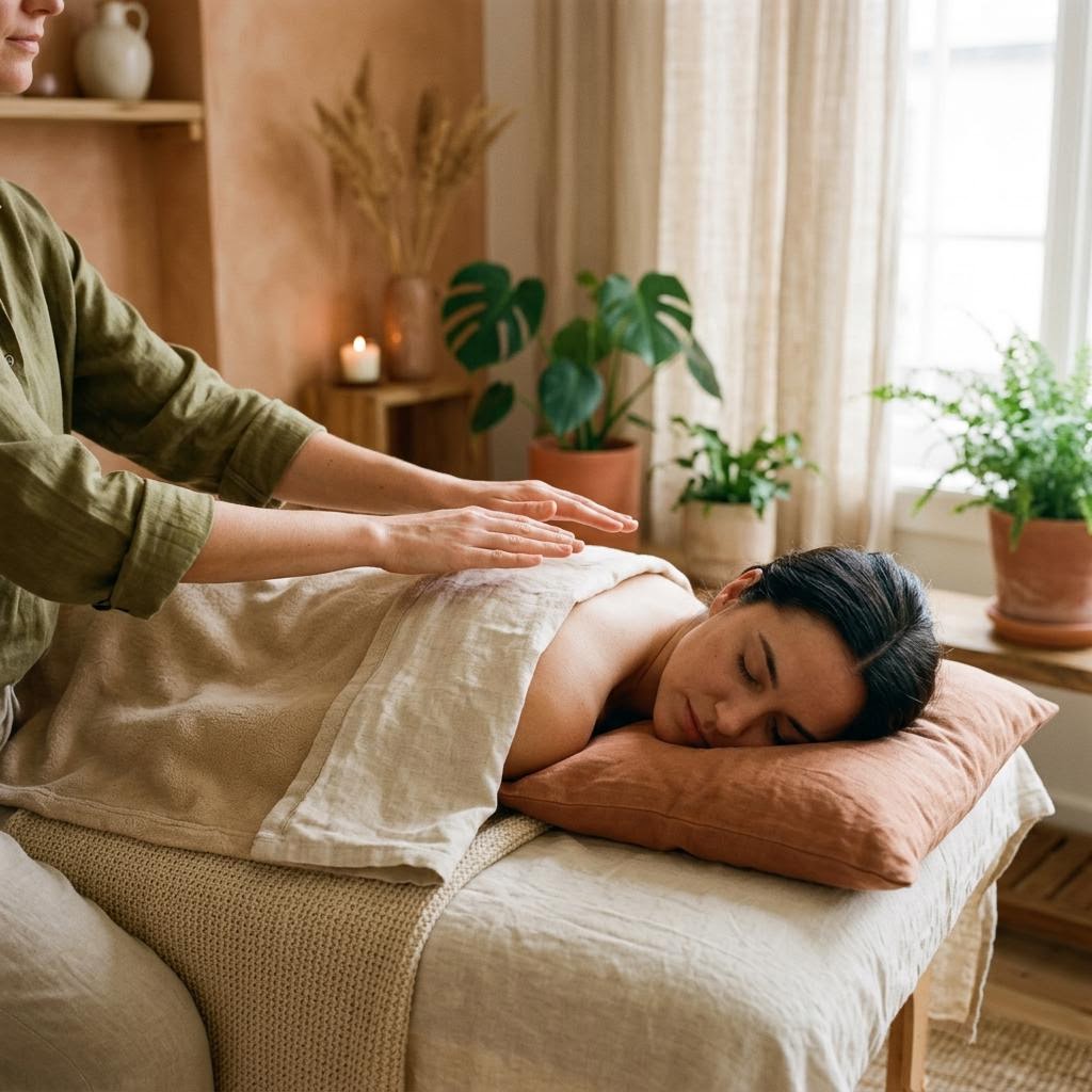 Sessão de Reiki em ambiente acolhedor